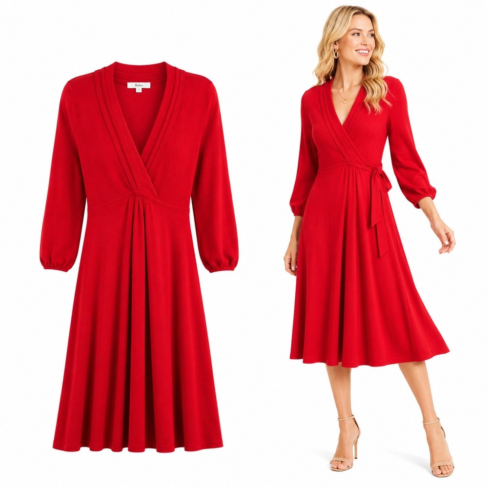 Boden Womens 4R Red Wool Wrap Midi Dress Bell Sleeve Pleated V Neck A-Line
